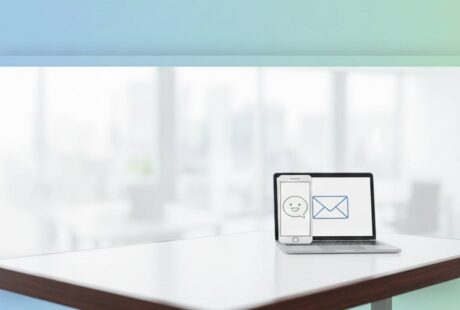 Smartfon i laptop wyświetlające proste ikony są umieszczone na białym stole w nowoczesnym, rozmytym otoczeniu biurowym z gradientowym niebiesko-zielonym tłem.