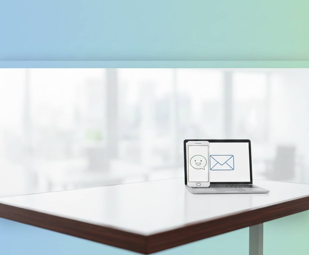 Smartfon i laptop wyświetlające proste ikony są umieszczone na białym stole w nowoczesnym, rozmytym otoczeniu biurowym z gradientowym niebiesko-zielonym tłem.