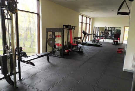 Siłownia z różnymi urządzeniami do ćwiczeń, ławkami do ćwiczeń i dużymi oknami wpuszczającymi naturalne światło.